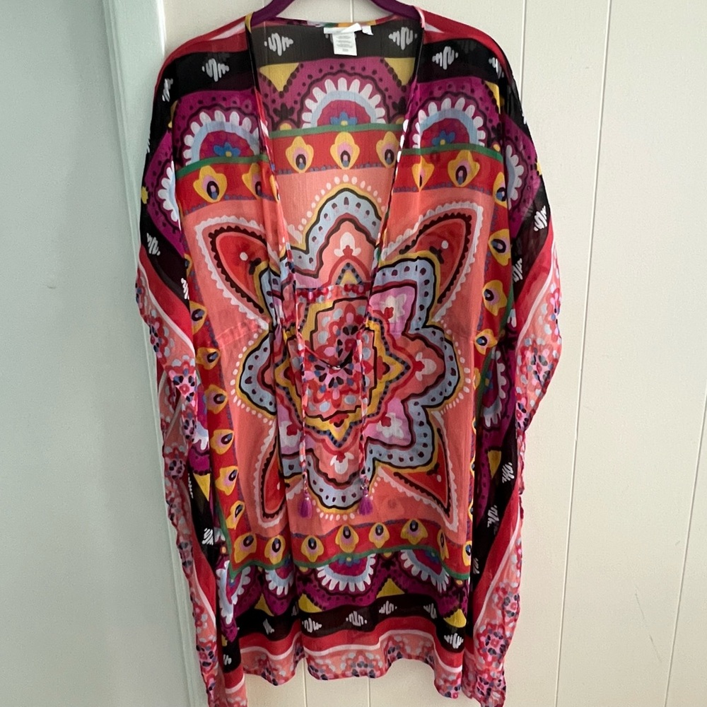 Bohemian Coverup Swimsuit Beach Multicolored Deep V Sheer Size Small Woman